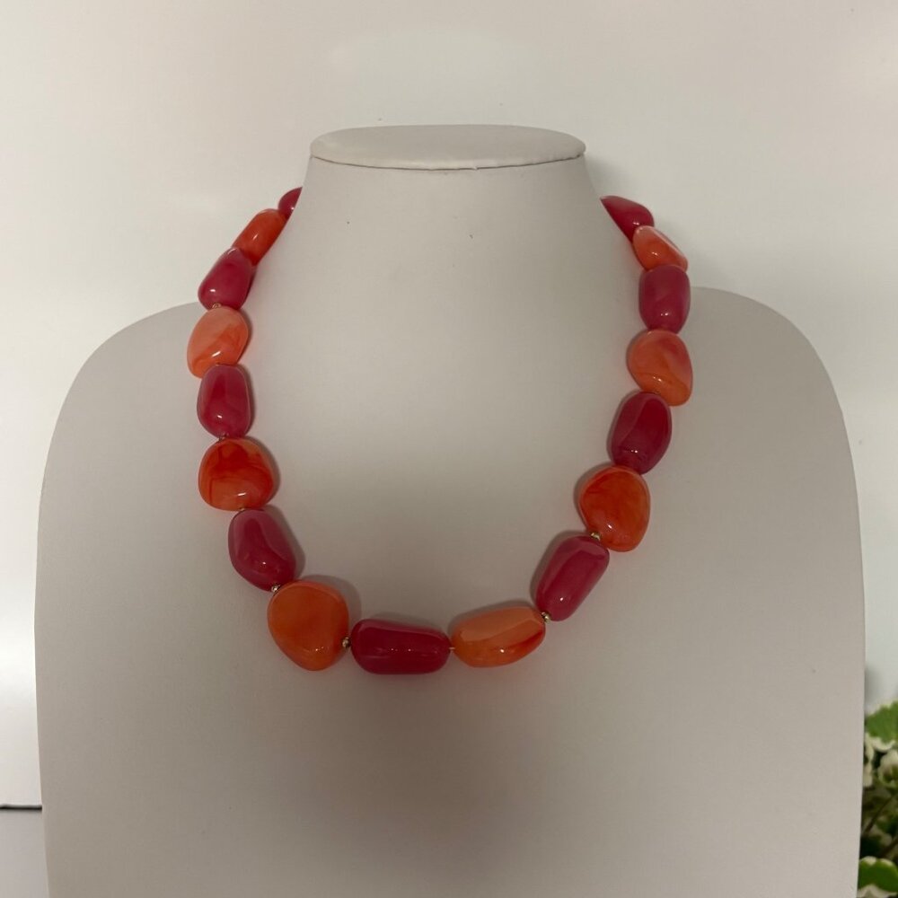 Chunky Pink & Orange Beaded Necklace Colorful Statement Costume Jewelry